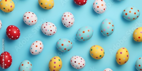 Easter background with colored eggs. Easter eggs over blue background