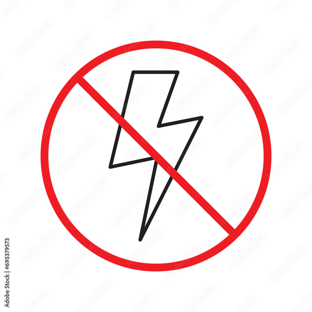 Forbidden Prohibited Warning, caution, attention, restriction label danger. No energy vector icon. Do not use charger sign design. No thunder symbol flat pictogram. No lightning Forbidden Prohibited Warning, caution, attention, restriction label danger. No energy vector icon. Do not use charger sign design. No thunder symbol flat pictogram. No lightning