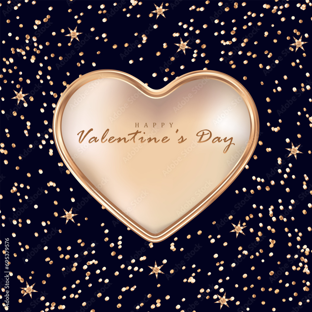 Square dark blue card for Valentine's Day with a voluminous beige heart framed in gold, gold sparkles and stars. Square dark blue card for Valentine's Day with a voluminous beige heart framed in gold, gold sparkles and stars.