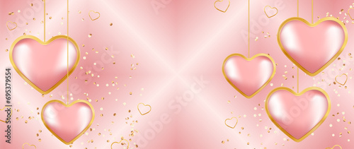 Gently pink gradient card for Valentine's Day with voluminous hearts framed in gold and bright small sparkles