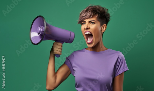 Woman in t-shirt is shouting while holding a megaphone against solid color background photo