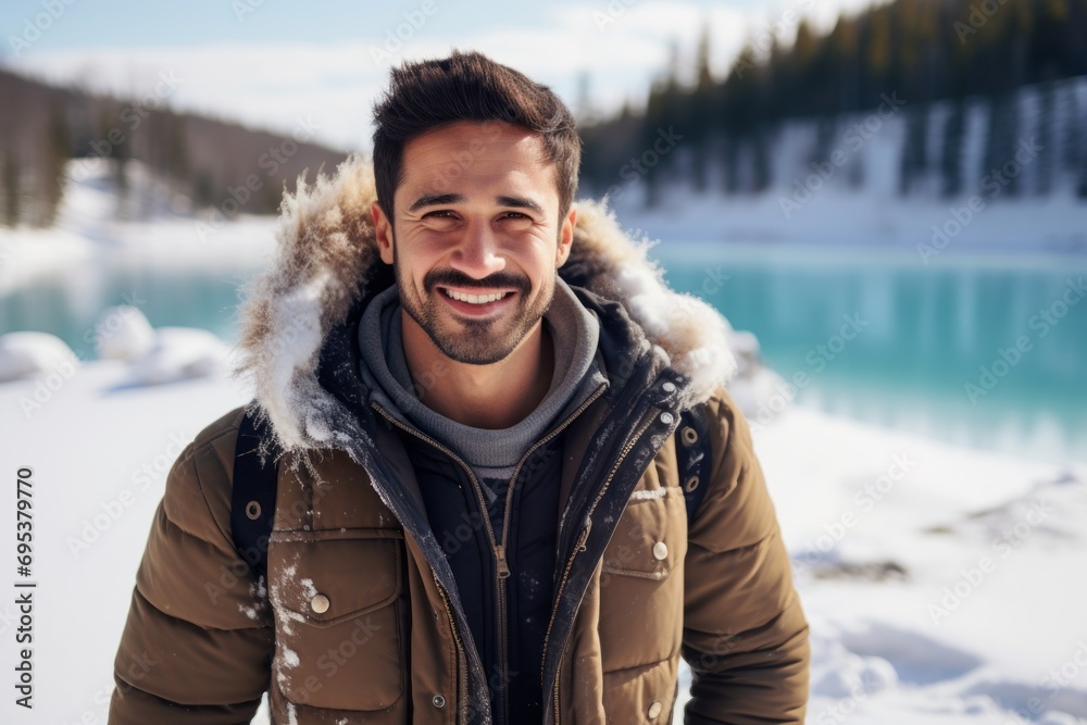 Portrait of a smiling man in his 30s sporting a rugged denim jacket against a backdrop of a frozen winter lake. AI Generation Portrait of a smiling man in his 30s sporting a rugged denim jacket against a backdrop of a frozen winter lake. AI Generation