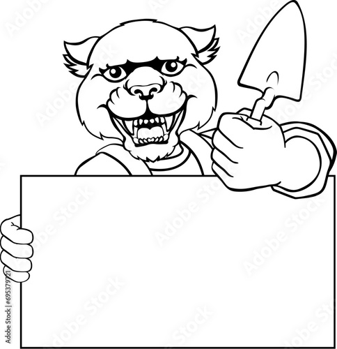 A bricklayer panther handyman cartoon construction mascot character holding a trowel tool