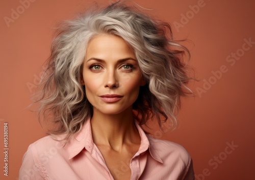 Portrait of cute lovely beautiful girl in casual outfit with modern hairdo and looking at camera isolated on peach fuzz background