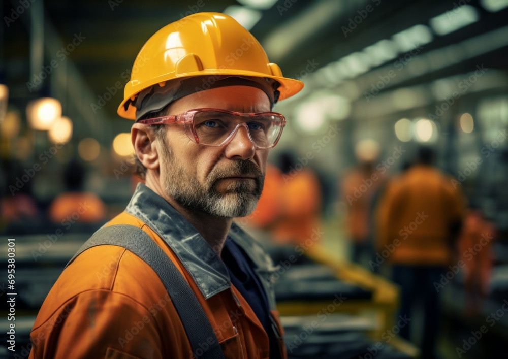 A modern large factory with containers in the background, one worker with a hard hat on their head with his arms folded confidently looking at us and smiling A modern large factory with containers in the background, one worker with a hard hat on their head with his arms folded confidently looking at us and smiling