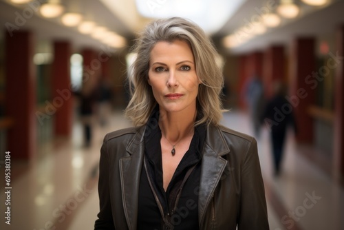 Portrait of a glad woman in her 50s sporting a stylish leather blazer against a bustling school hallway. AI Generation
