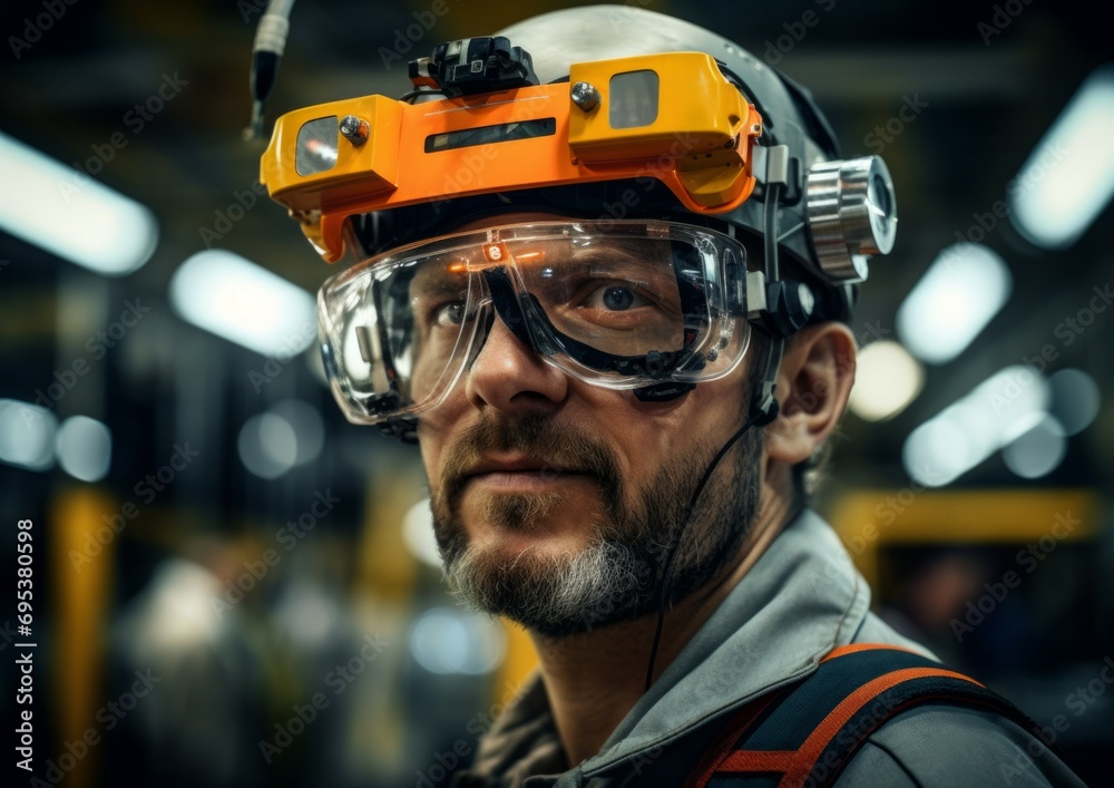 A modern large factory with containers in the background, one worker with a hard hat on their head with his arms folded confidently looking at us and smiling A modern large factory with containers in the background, one worker with a hard hat on their head with his arms folded confidently looking at us and smiling