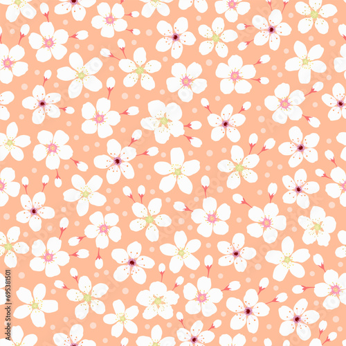 peach fuzz sakura floral print. cherry blossoms seamless pattern. ditsy floral pattern. good for fabric, fashion design, summer spring dress,  pajama, clothing, textile, wallpaper, background.