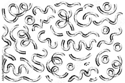 Wavy and swirled brush strokes paint vector set of Hand drawn curved lines with grunge effect. Chaotic ink brush scribbles textured decor. Messy doodles, bold curvy wallpaper textile design.