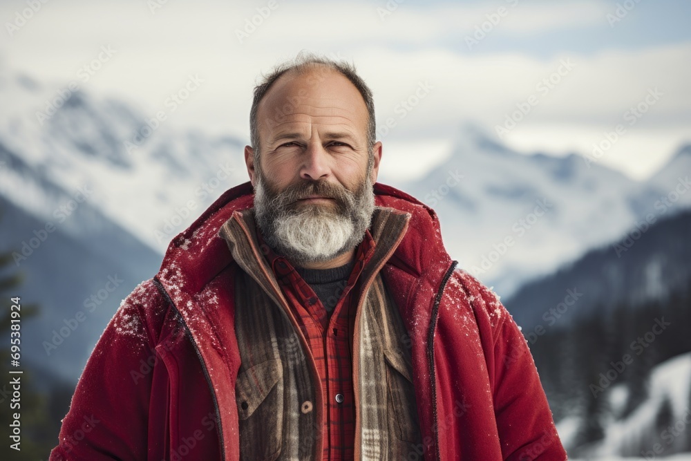 Portrait of a merry man in his 50s dressed in a relaxed flannel shirt against a pristine snowy mountain. AI Generation Portrait of a merry man in his 50s dressed in a relaxed flannel shirt against a pristine snowy mountain. AI Generation