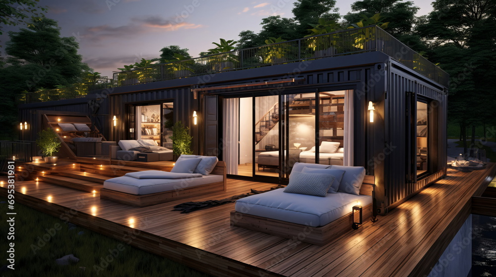Luxury 3d container houses with deck, ready for sale - obrazy, fototapety, plakaty 
