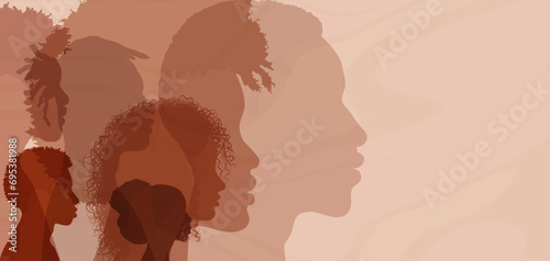 Profile silhouettes people African and African American. Black history month event. Ethnic group men and women with black skin. Racial equality - justice - identity - anti-racism. Banner