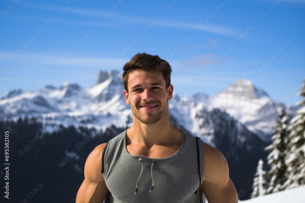 Portrait of a smiling man in his 20s sporting a long-sleeved thermal undershirt against a pristine snowy mountain. AI Generation Portrait of a smiling man in his 20s sporting a long-sleeved thermal undershirt against a pristine snowy mountain. AI Generation