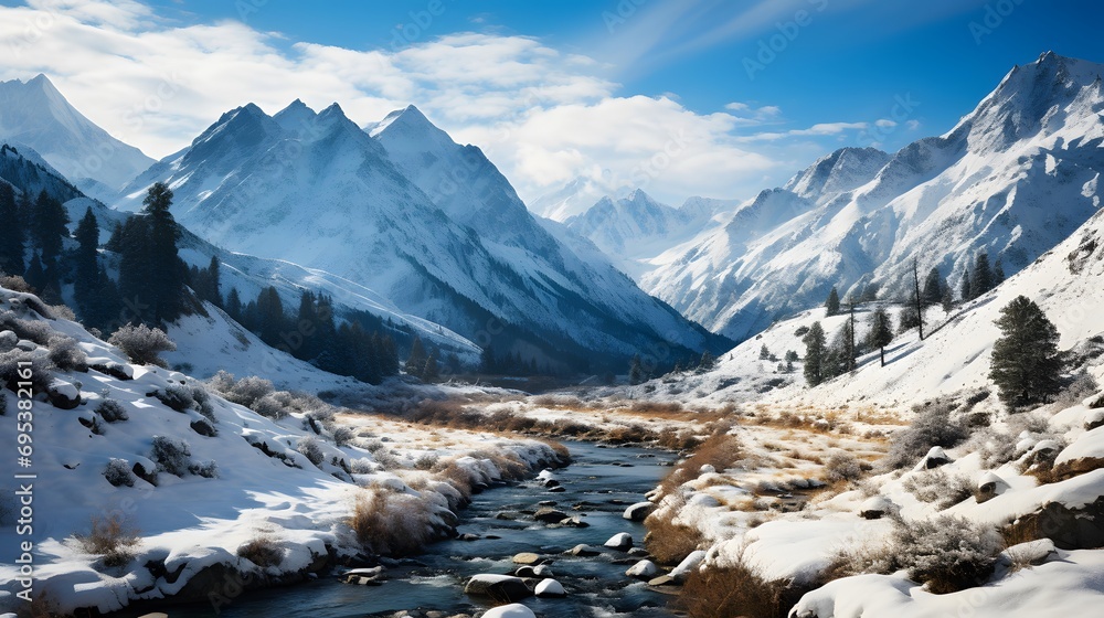 Panoramic view of snow covered mountains and river. Winter landscape.