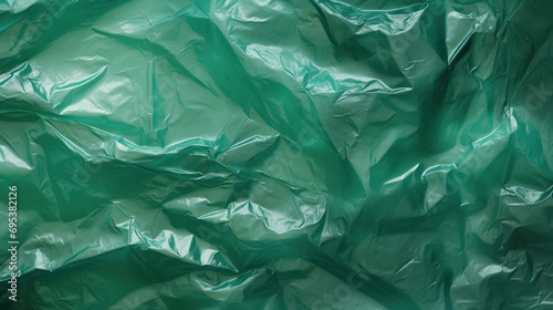 Wrinkled plastic wrap texture on a green background. Cellophane package wallpaper