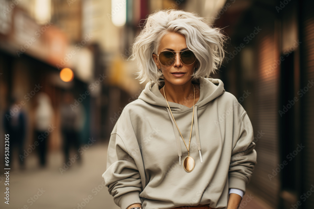 Stylish senior woman in oversized clothes, sunglasses and gray hairstyle on a city street. Modern women's fashion middle age Stylish senior woman in oversized clothes, sunglasses and gray hairstyle on a city street. Modern women's fashion middle age