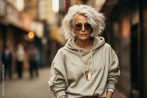 Stylish senior woman in oversized clothes, sunglasses and gray hairstyle on a city street. Modern women's fashion middle age