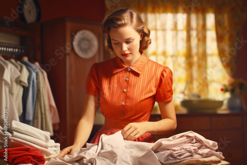 A 30-year-old Caucasian homemaker arranging freshly laundered linens with meticulous care. The vintage filter enhances her satisfaction and attention to detail, creating a snapshot reminiscent of the 