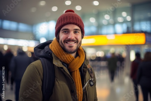 Portrait of a cheerful man in his 30s donning a warm wool beanie against a bustling airport terminal. AI Generation © Markus Schröder