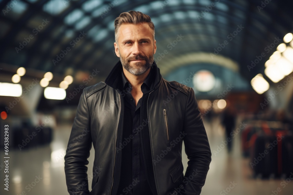 Portrait of a merry man in his 40s sporting a stylish leather blazer against a bustling airport terminal background. AI Generation