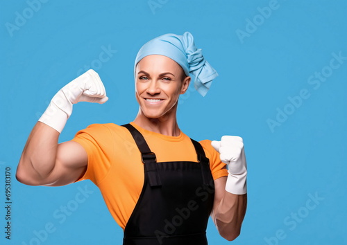 Woman in maid costume showing the muscles in gloves