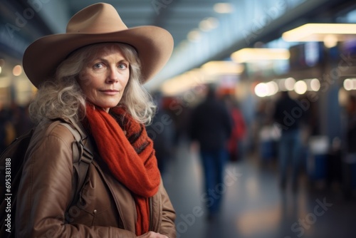 Portrait of a tender woman in her 50s wearing a rugged cowboy hat against a bustling airport terminal. AI Generation