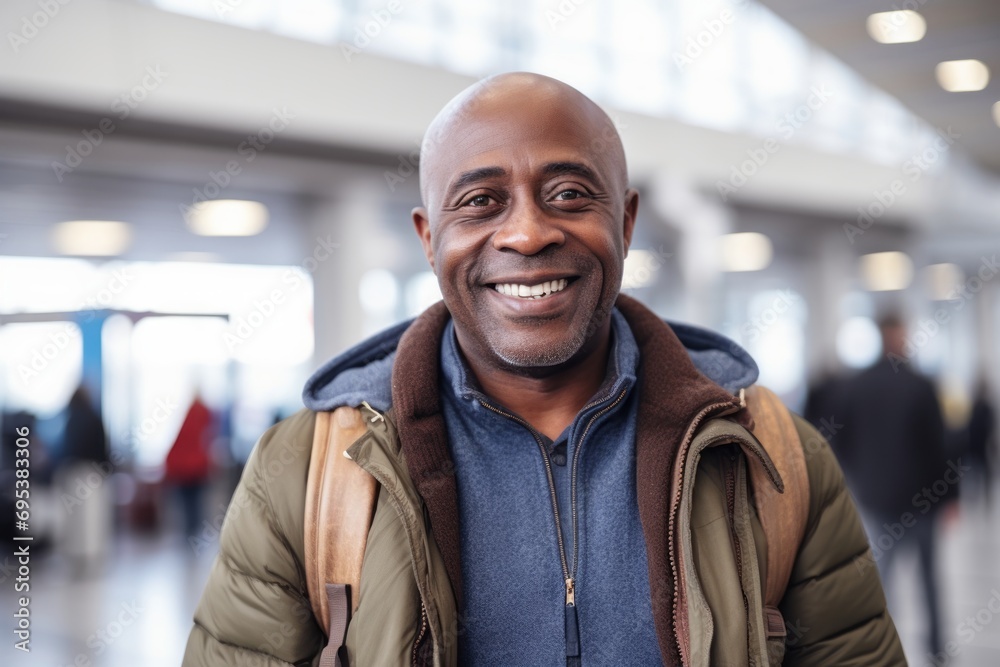 Portrait of a grinning afro-american man in his 50s wearing a cozy sweater against a bustling airport terminal. AI Generation Portrait of a grinning afro-american man in his 50s wearing a cozy sweater against a bustling airport terminal. AI Generation