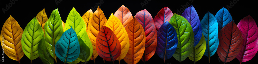 Banner Colorful leaves spread out in large groups on black background, neon and fluorescent style. 