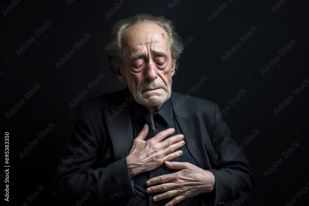 An elderly man in a suit holds his heart area with his hands while experiencing pain from a burning heart