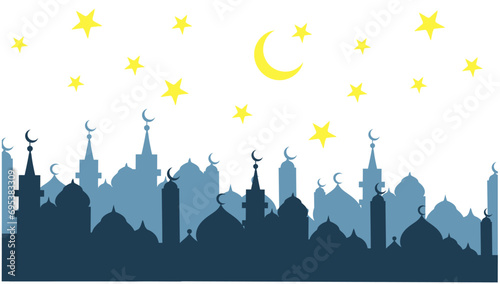 Eid Mubarak night mosque silhouette Arabian city black silhouette