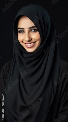 Portrait Happy muslim girl in traditional clothes. Beautiful woman wearing hijab smiling. Vertical.