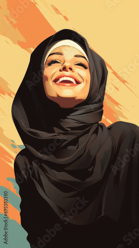 Happy muslim girl in traditional clothes. Beautiful woman dressed in hijab are smiling. Pop art style. Vertical.