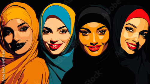 Group of happy muslim girls in traditional clothes. Beautiful women dressed in hijab are smiling. Pop art style.