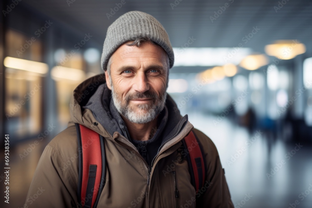 Portrait of a blissful man in his 50s wearing a windproof softshell against a bustling airport terminal. AI Generation Portrait of a blissful man in his 50s wearing a windproof softshell against a bustling airport terminal. AI Generation