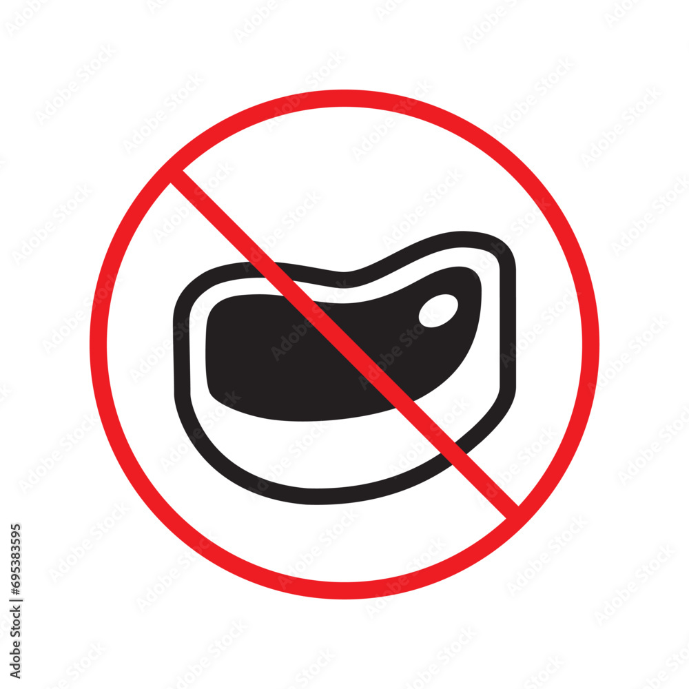 Forbidden Prohibited Warning, caution, attention, restriction label danger. No meat vector icon. Do not eat steak sign design. No beef steak barbecue symbol flat pictogram. Forbidden Prohibited Warning, caution, attention, restriction label danger. No meat vector icon. Do not eat steak sign design. No beef steak barbecue symbol flat pictogram.
