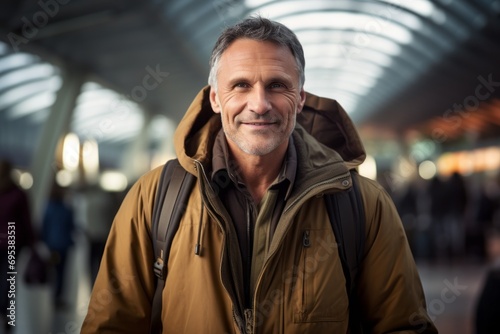 Portrait of a blissful man in his 50s wearing a windproof softshell against a bustling airport terminal. AI Generation