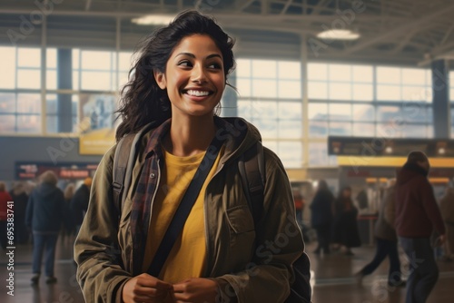 Portrait of a cheerful indian woman in her 20s sporting a long-sleeved thermal undershirt against a bustling airport terminal. AI Generation