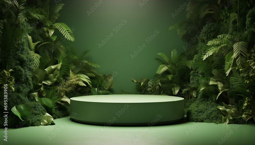 Green podium in tropical forest on green background. Green pedestal in tropical forest