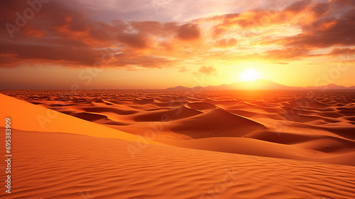 Desert sunset. Beautiful sand dunes in the Sahara desert. Generative AI