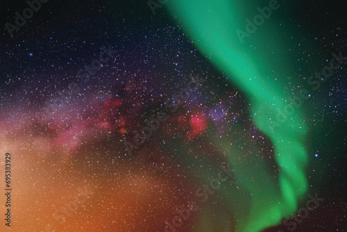 Milky Way and polar lights. Green aurora polaris. Red blue starry sky