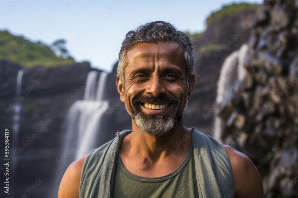 Portrait of a grinning indian man in his 40s sporting a long-sleeved thermal undershirt against a backdrop of a spectacular waterfall. AI Generation