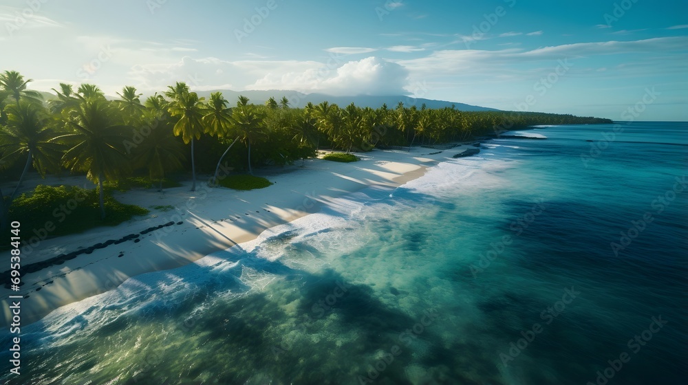 Aerial panoramic view of beautiful tropical beach with palm trees