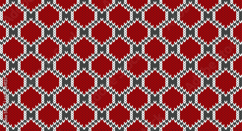 Red hexagon knitted pattern, Festive Sweater Design. Seamless Knitted Pattern