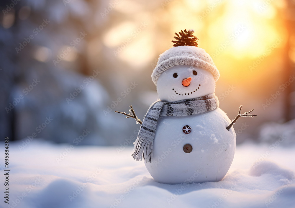 Obraz premium Snowman in the Snow with a Scarf and Hat