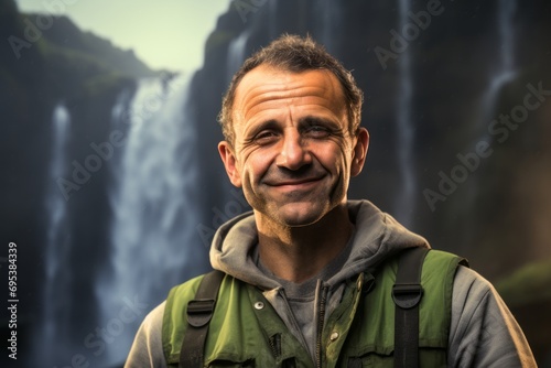 Portrait of a happy man in his 50s dressed in a water-resistant gilet against a backdrop of a spectacular waterfall. AI Generation