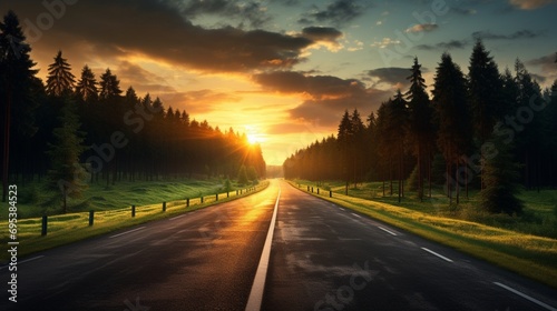 sunset in the mountains, Empty asphalt road and green woods at sunset