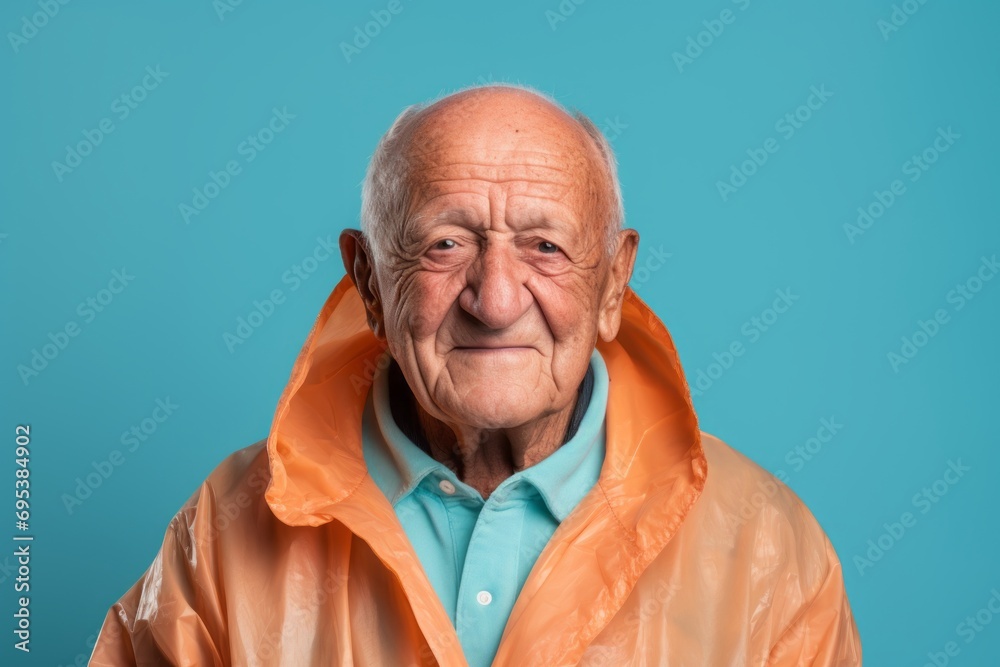 Portrait of a grinning indian elderly man in his 90s wearing a lightweight packable anorak against a pastel blue background. AI Generation Portrait of a grinning indian elderly man in his 90s wearing a lightweight packable anorak against a pastel blue background. AI Generation