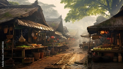 Traditional Asian market in misty morning photo
