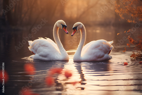 Couple of loving swans on the lake, post-processed valentine swans,