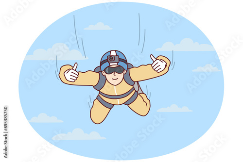 Man skydiver hangs in sky and shows two hands thumbs up after jumping from airplane. Sportsman keen on extreme hobby with camera fixed on forehead flies among clouds. Flat vector illustration